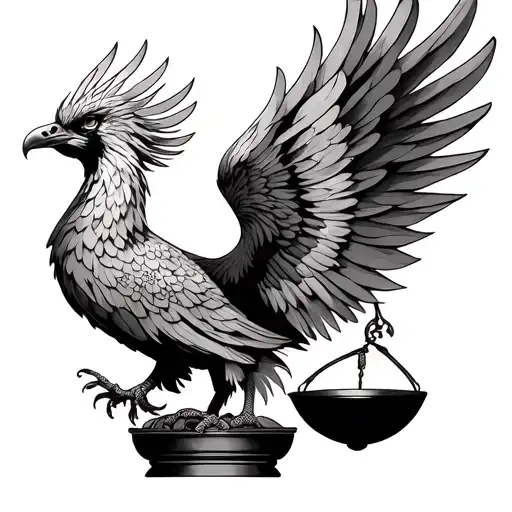 Phoenix perched on a ornemental scale balanced tattoo design idea