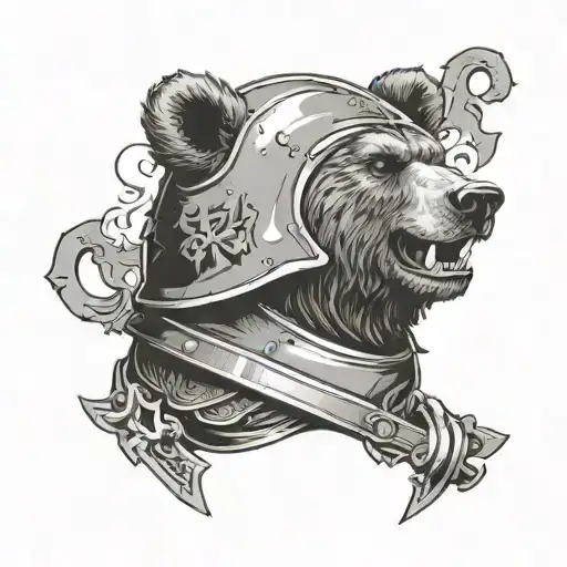 bear roaring wearing pointy helmet also has russian writing "МИР" tattoo design idea