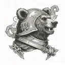 bear roaring wearing pointy helmet also has russian writing "МИР" tattoo design idea