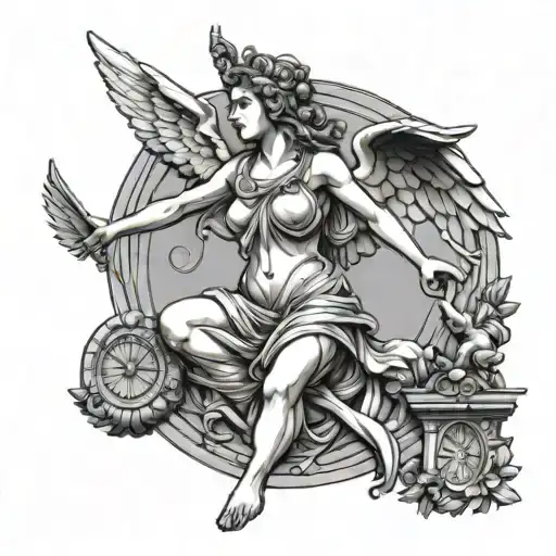 statue of greek goddess nike with the background with the olympic and angels tattoo design idea