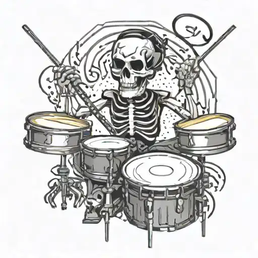 skeleton, playing drum and bass on a DJ table with drum sticks,  wears a chain and tanktop. music notes around with fire tattoo design idea