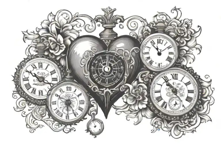 red heart over left pectoral with 3 pocket watches with dates and times with pattern going to left half arm tattoo design idea