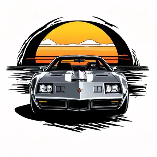 simplified poniac firebird trans am driving into a sunset tattoo design idea