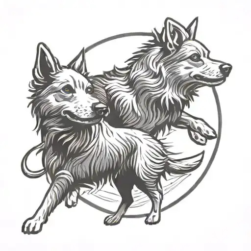 Paintbrush circle with three dog shadows walking on the inside or outside of it tattoo design idea
