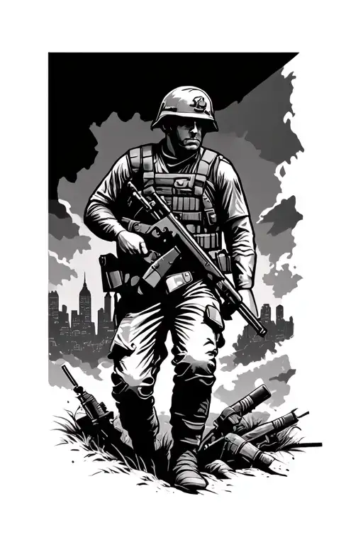 siloute of a solider holding a rifle, leaving for war, then returning behind columbus ohio skyline tattoo design idea