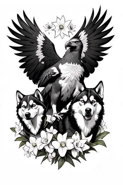 eagle centrepiece, 2 husky's around the outside, gaps filled by countryside setting and daffodils shaped for a forearm  tattoo design idea