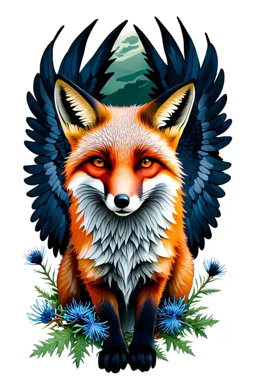 realistic fine line full body Fox with closed crows wings resting against its body. Incorporating sea holly. tattoo design idea
