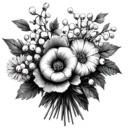 bouquet with Hawthorne, lily of the valley, aster, morning glory, chrysanthemums and peony tattoo design idea