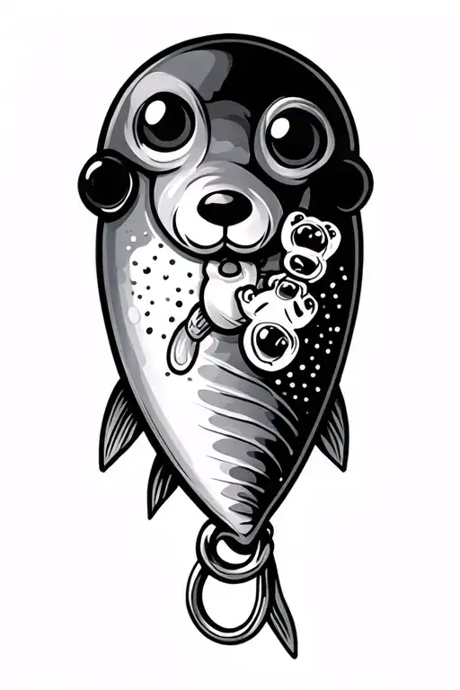 fishing lure with gummy bear on hook tattoo design idea