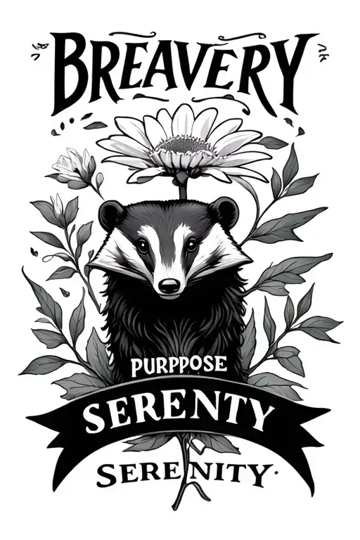 Design an arm sleeve tattoo featuring an edelweiss plant, a badger, and the words "bravery," "purpose," and "serenity." tattoo design idea