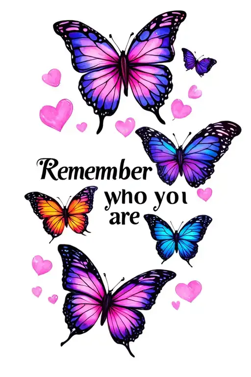"Remember who you are" "Remember who you are" butterflies and hearts tattoo design idea