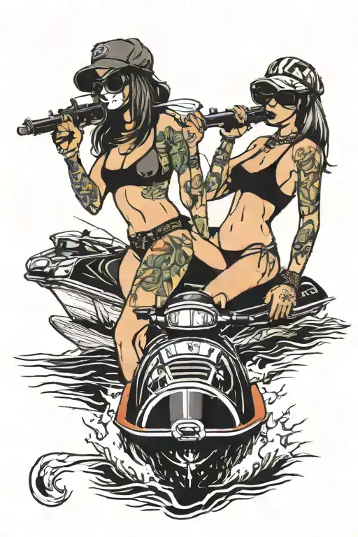 2 girls in bikini with ski mask and guns smoking weed on jetskis   tattoo design idea