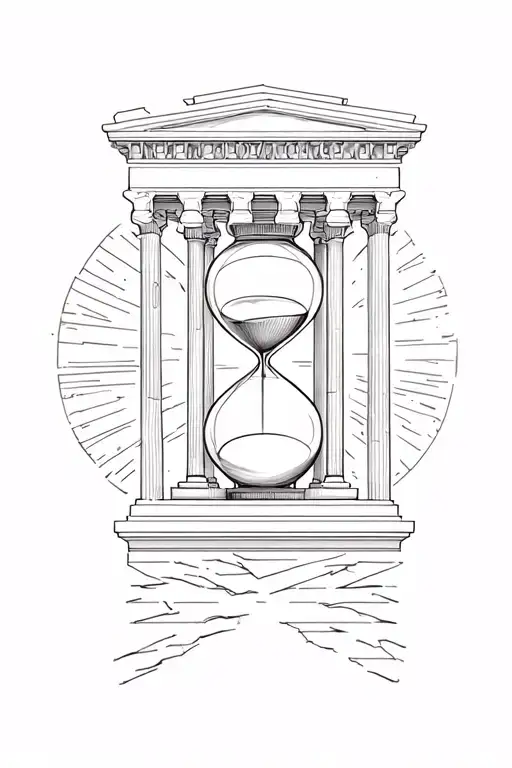 A minimalist tattoo of the Parthenon in Athens, with an hourglass incorporated into the design, reflecting your favorite tattoo design idea
