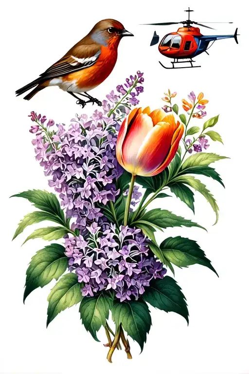 lilacs, tulips, helicopter seeds, robins. abdomen placement tattoo design idea