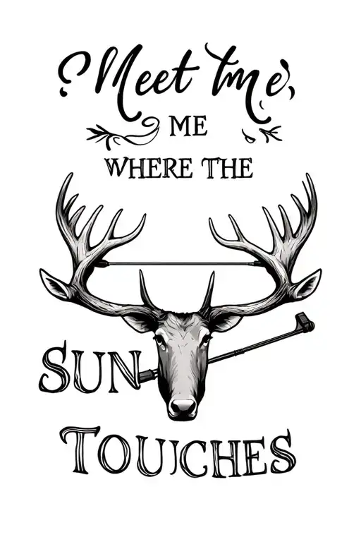"Meet me where the sun touches " moose antlers with a broad head or compound bow tattoo design idea