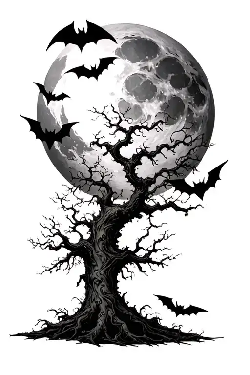 poison tree with a bat in the moon and a couple of bats around the tree  tattoo design idea