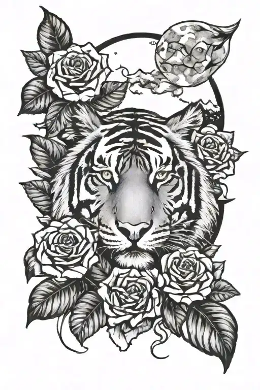 Tiger roses and the moon tattoo design idea