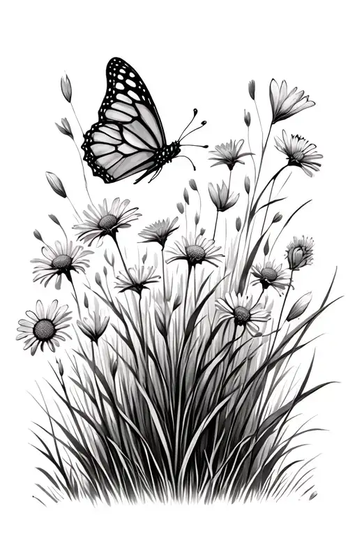 wild flowers in a tall grass field with a butterfly  tattoo design idea