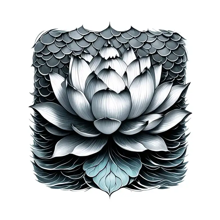 black and gray tattoo of a lotus flower completely made out of mermaid scales  tattoo design idea