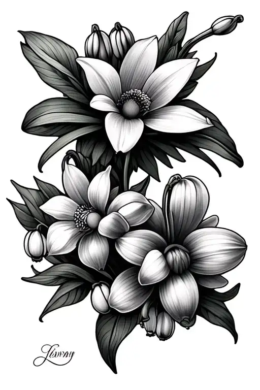 snowdrop, violet,daffodil, lily of the valley, chrysanthemum  tattoo design idea