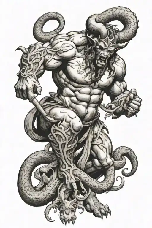 minotaur full body with serpents weaving tattoo design idea