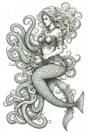 warrior mermaid and octopus wrapped tattoo design idea