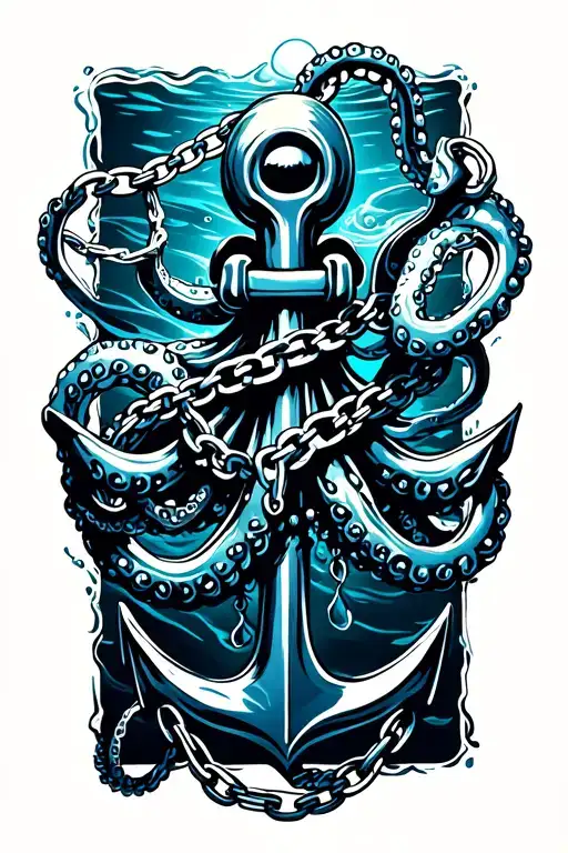 black and dark blue octopus wrapped around anchor in water with broken chain tattoo design idea