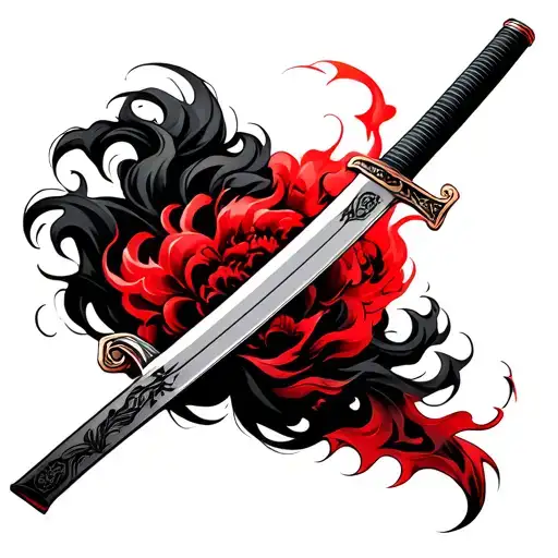 can you generate a tattoo design, the style is japanese style, where there is a katana with red smoke and the background tattoo design idea