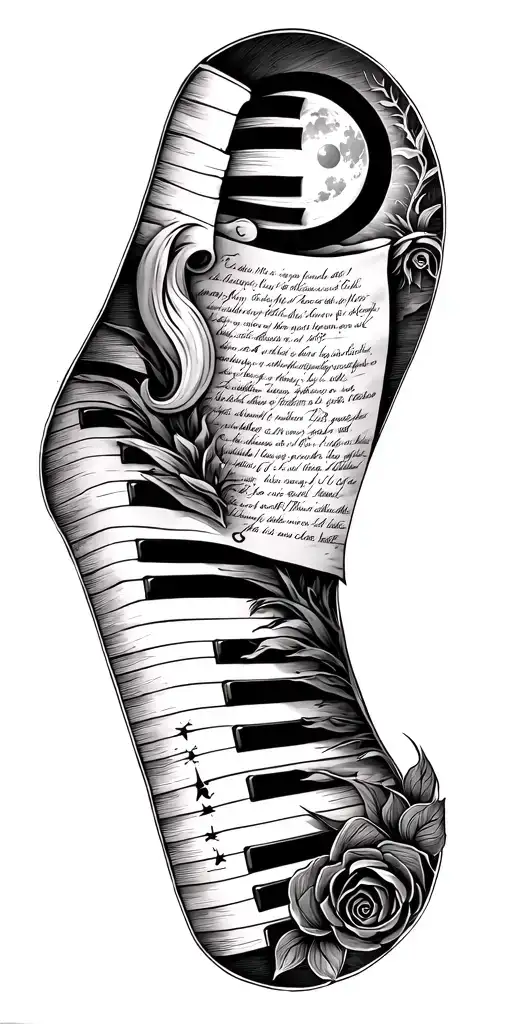 A single needle tatto that has a piano, a scripture, a small scroll with names, Jesus Christ, a sun and a moon. tattoo design idea