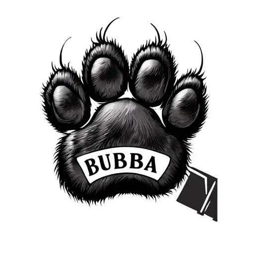 bottom of a Bernese mountain dog paw, with the name BUBBA through the middle of the paw pad tattoo design idea