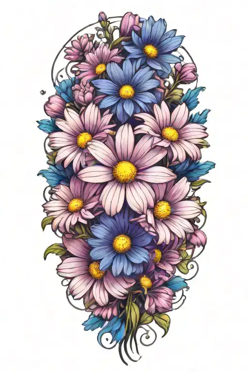 a simple bouquet of purple daisy flowers and blue cosmos flowers tattoo design idea