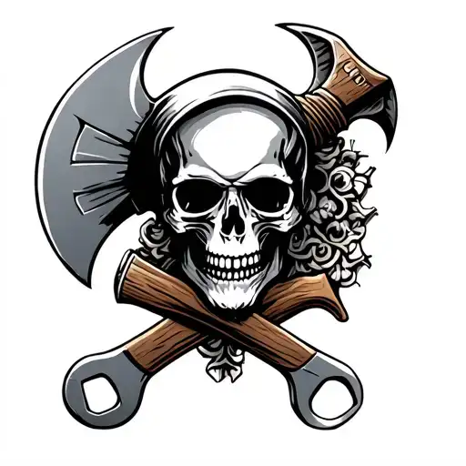skull with crossed axe and wrench intertwined tattoo design idea