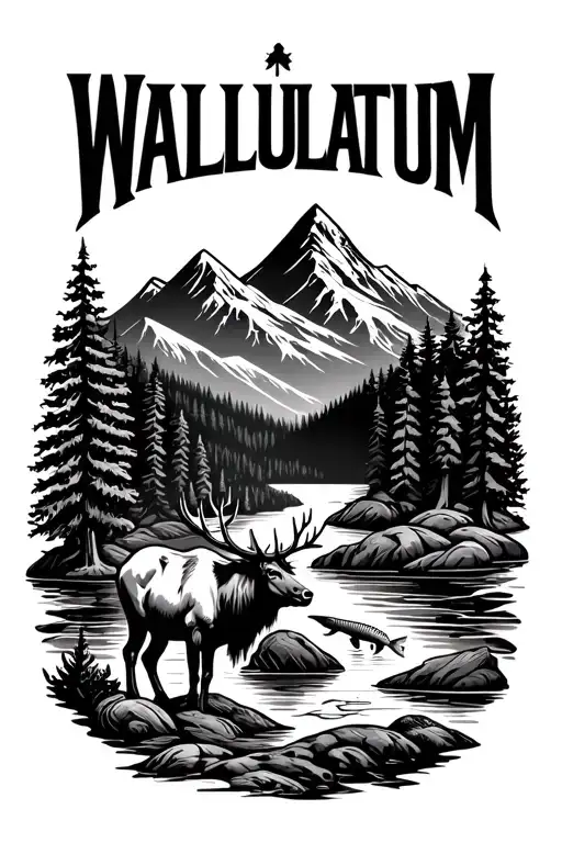 the word 'WALLULATUM' along with an elk, salmon, trees, a mountain, a river, and Native American designs tattoo design idea