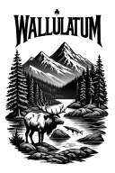 the word 'WALLULATUM' along with an elk, salmon, trees, a mountain, a river, and Native American designs tattoo design idea