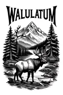 the word 'WALLULATUM' along with an elk, salmon, trees, a mountain, a river, and Native American designs tattoo design idea