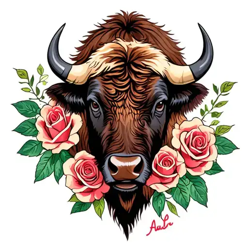 bison head with roses surrounded tattoo design idea