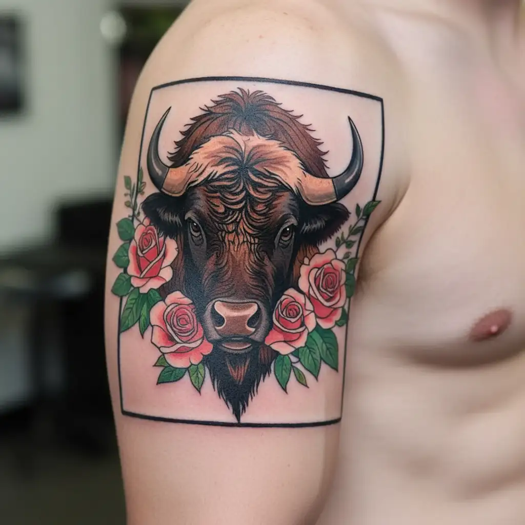 bison head with roses surrounded tattoo design idea
