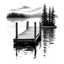 floating dock lake scene tattoo design idea