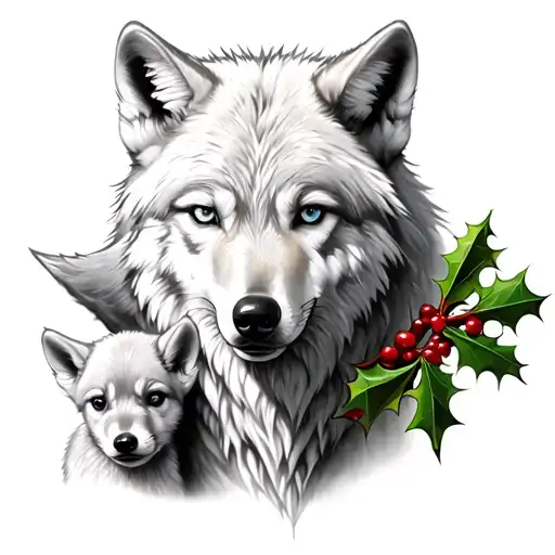 white female wolf with two pups and holly branch tattoo design idea