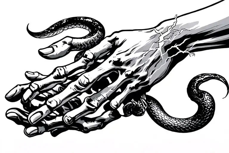 The Creation of Adam and make one hand a skeleton hand with a snake around it and the othere hand with lightning coming  tattoo design idea