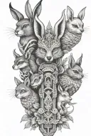 totem pole with rabbit, deer, fox, dolphin, scorpion and an owl on top tattoo design idea