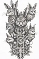 totem pole with rabbit, deer, fox, dolphin, scorpion and an owl on top tattoo design idea