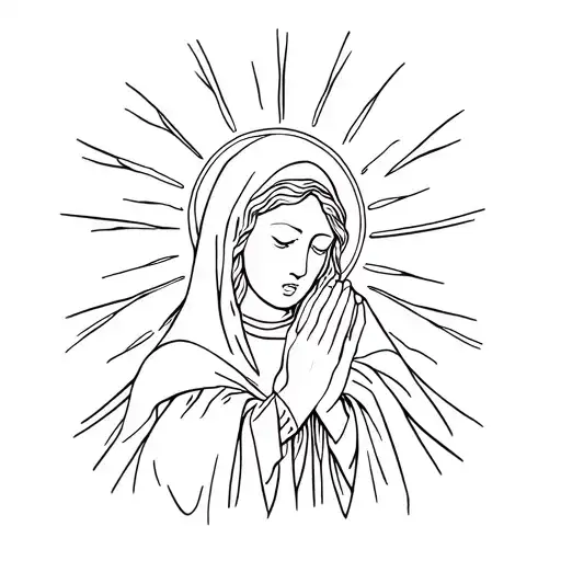 witchy mother Mary praying and crying with sun rays around head  tattoo design idea