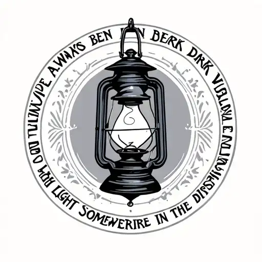 black and grey lantern with the words "I've always been dark with light somewhere in the distance" in a circle around it tattoo design idea