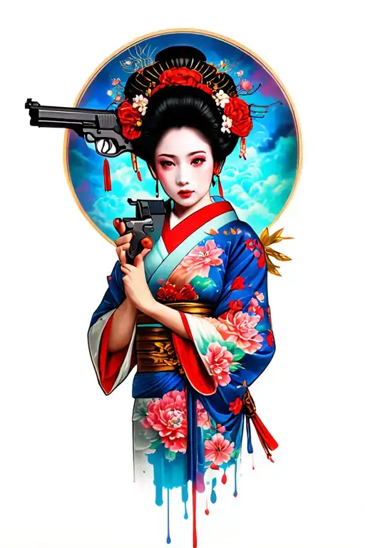 geisha holding gun seductive pose psychedelic tattoo design idea