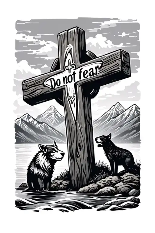 mountains and water in the background and a Christian wooden cross and an animals that supports the phrase do not fear tattoo design idea