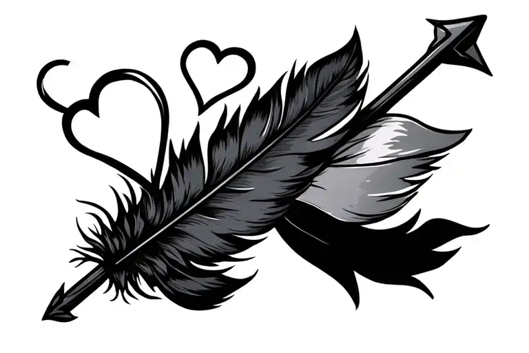 Arrow with feather end with 2 hearts and ribbon tattoo design idea