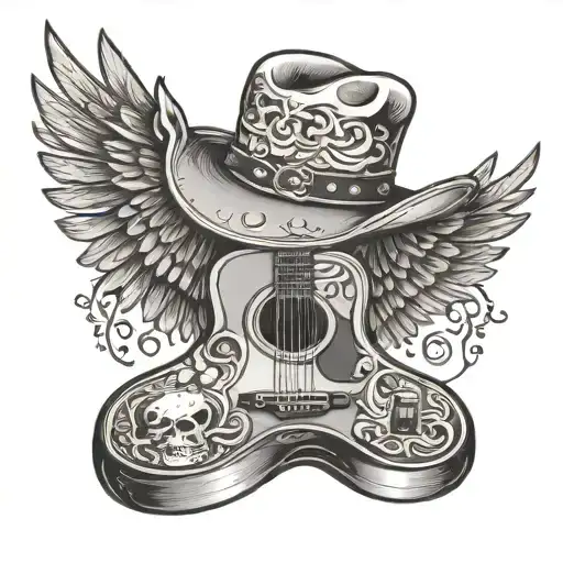 guitar surrounded by wings skull on top of guitar. cowboy boots and cowboy hat tattoo design idea
