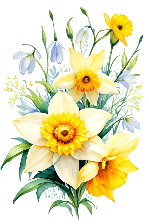 daffodil, chrysanthemum, Cosmo, snowdrop flower intertwined tattoo design idea