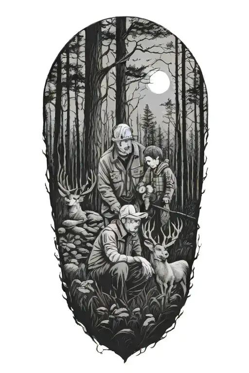 boy and grandpa in a deer stand surounded by woods in the dark and include a EKG heart reading tattoo design idea